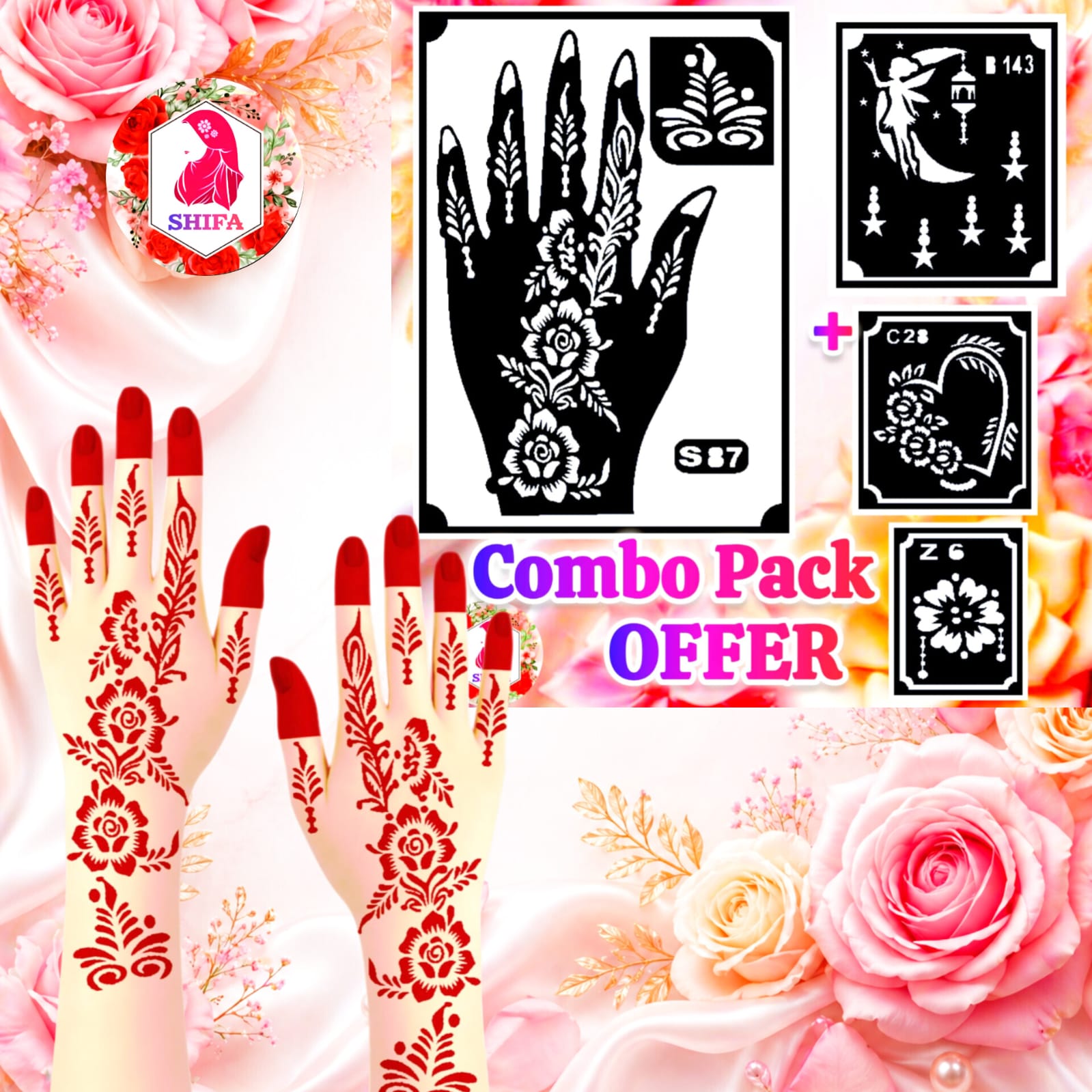 S 87 Elegant Floral Arabic Design Sticker Overview Henna Stencil - Shifa Stencil
